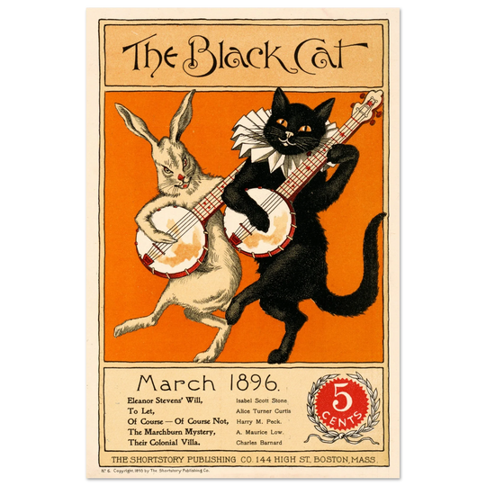 Rabbit and black cat playing banjos together as the cover illustration for The Black Cat Poster reproduction