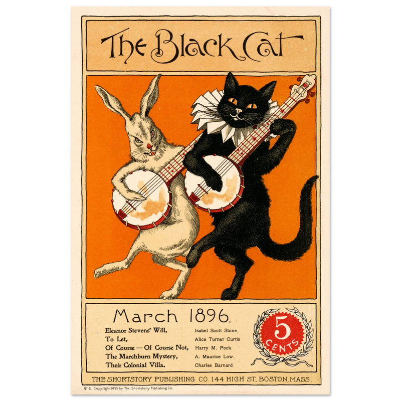 Rabbit and black cat playing banjos together as the cover illustration for The Black Cat Poster reproduction