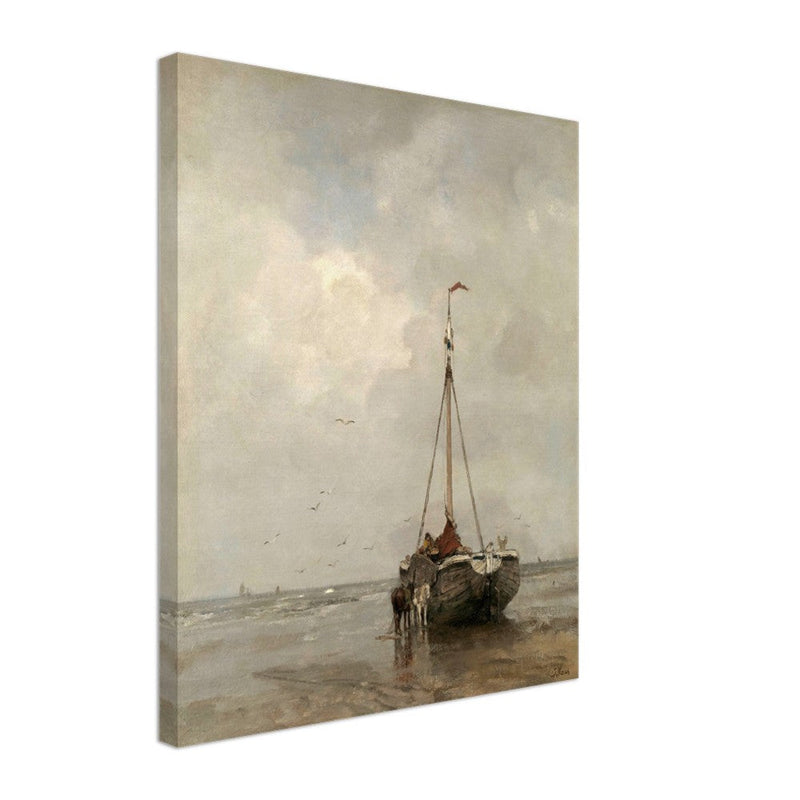 Jacob Maris old marine painting Bluff-bowed Fishing Boat on the Beach at Scheveningen.