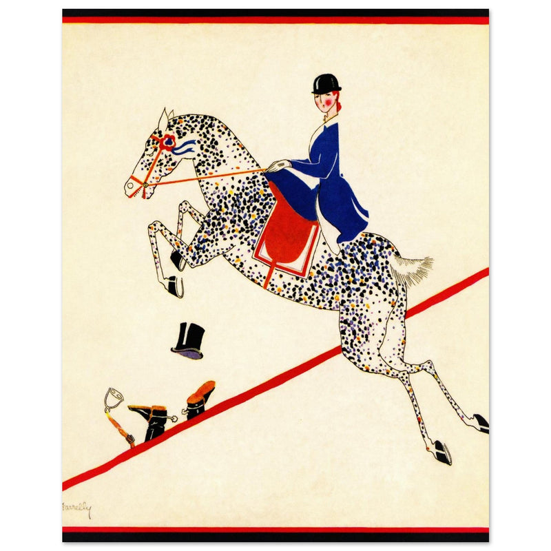 Aline Farrelly illustration for vintage fashion magazine cover woman on horse jumps over fence.