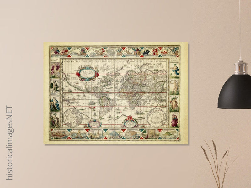 Ancient old world map 1638. Noua totius terrarum orbis geographica ac hydrographica tabula by Willem Janszoon Blaeu