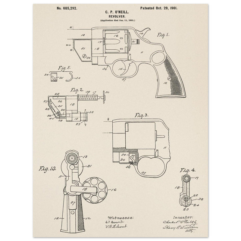 Vintage revolver patent by C P O'Neill.
