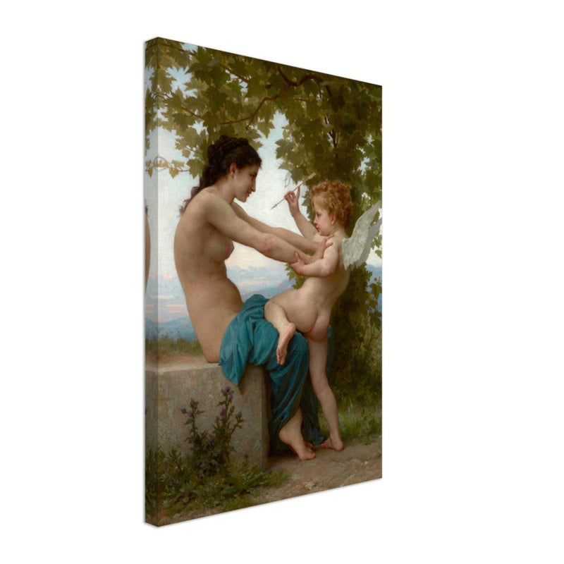 Canvas Cupid and love. A Young Girl Defending Herself against Eros by William Adolphe Bouguereau Antique painting. Greek mythology
