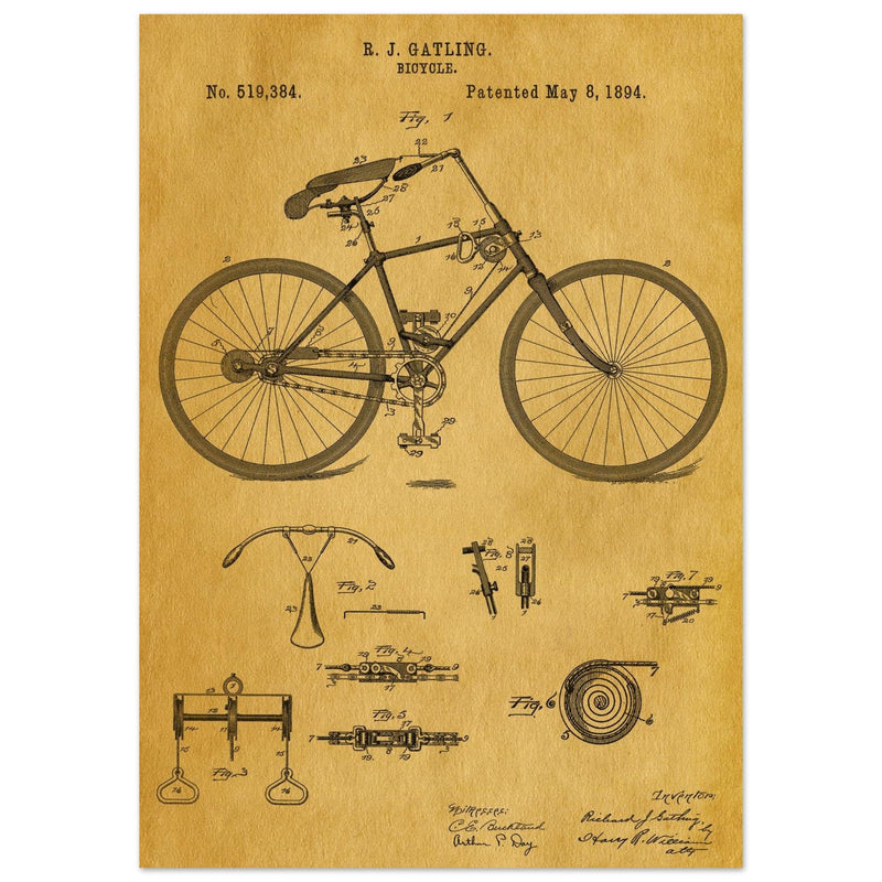 Vintage bicycle patent by Richard J Gatling 1894