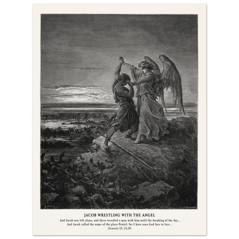 Gustave Dore The Bible engraving print . Jacob wrestling with the angel .