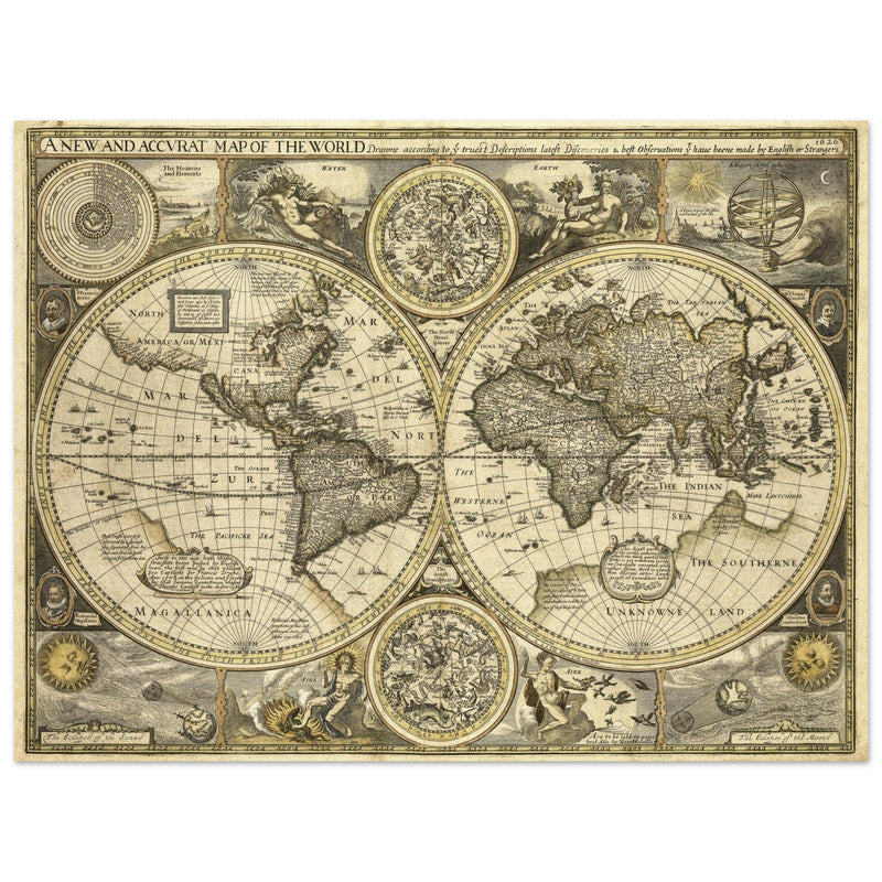 Old World map 1626. John Speed famous double hemisphere cartography with beautiful illustrations.