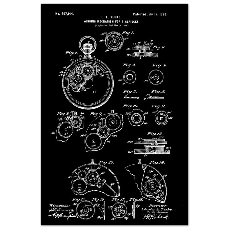 Winding Mechanism for Time Pieces, vintage clock patent .