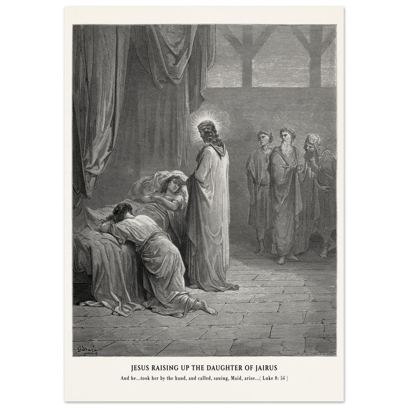 Gustave Dore The Bible engraving print . Jesus raising up the daughter of Jairus miracle .
