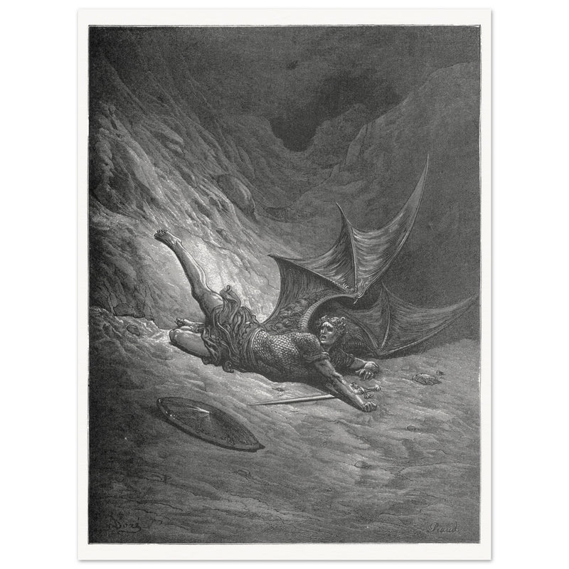 Gustave Dore Paradise Lost engraving . Satan wounded in battle experiences pain for the first time.
