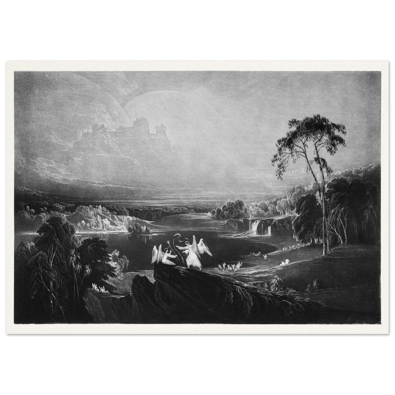 John Martin Paradise Lost Heaven – the Rivers of Bliss. Vintage mezzotint engraving .