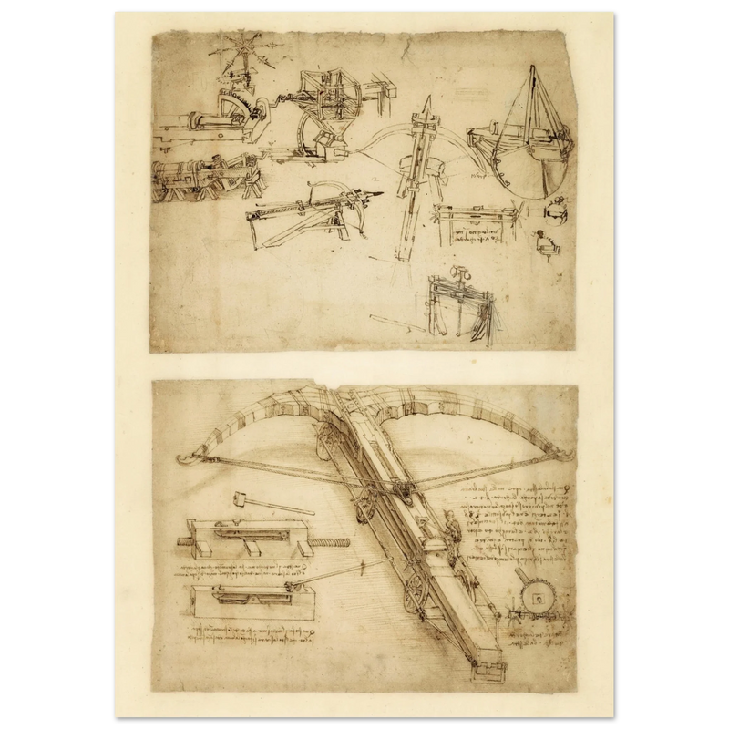 Leonardo da Vinci Atlantic Codex (Codex Atlanticus) Giant crossbow drawing reproduction.