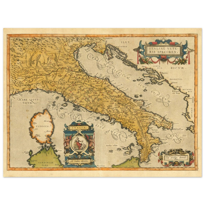 Ancient map of Italy by Abraham Ortelius. Vintage historic map.