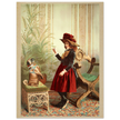 Young girl holding up piece of food in front of begging dog vintage illustration poster 1890