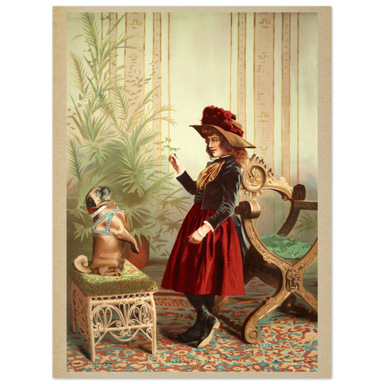 Young girl holding up piece of food in front of begging dog vintage illustration poster 1890