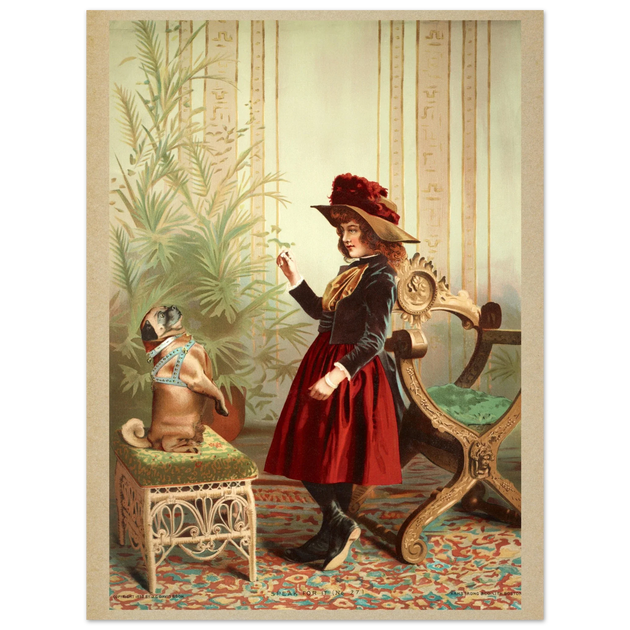 Young girl holding up piece of food in front of begging dog vintage illustration poster 1890