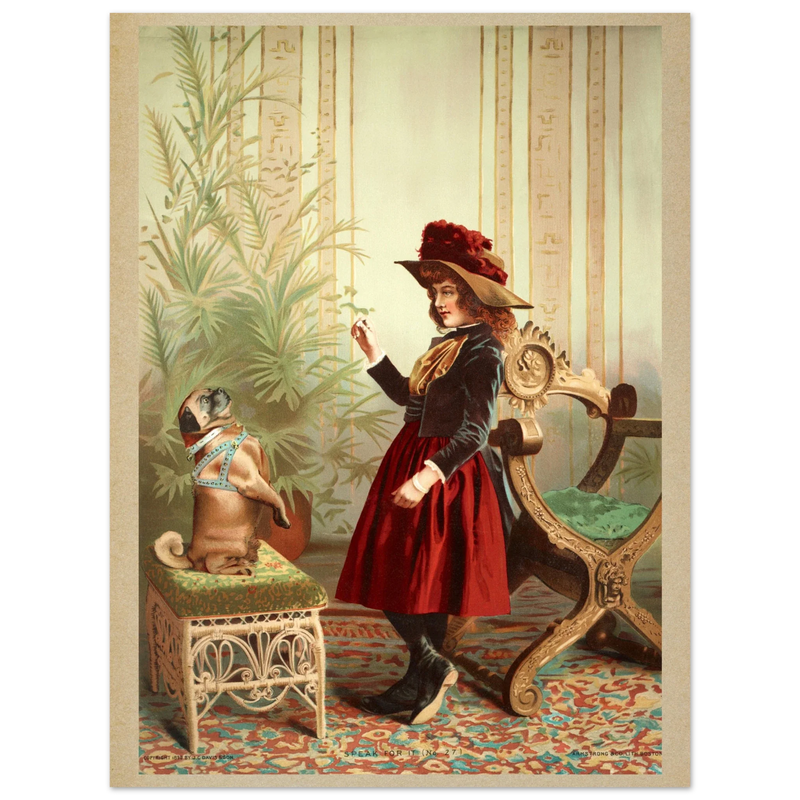 Young girl holding up piece of food in front of begging dog vintage illustration poster 1890