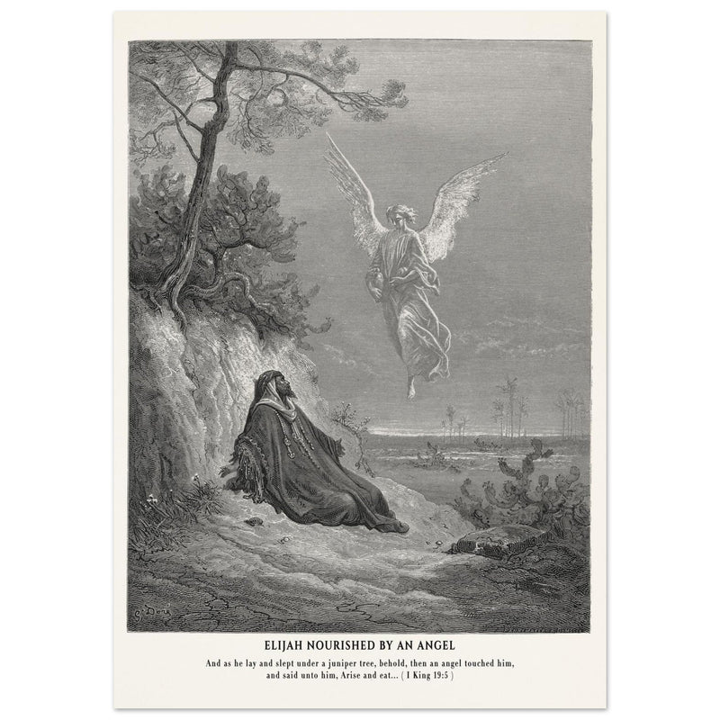 Gustave Dore The Bible engraving print . Elijah nourished by an angel illustration .