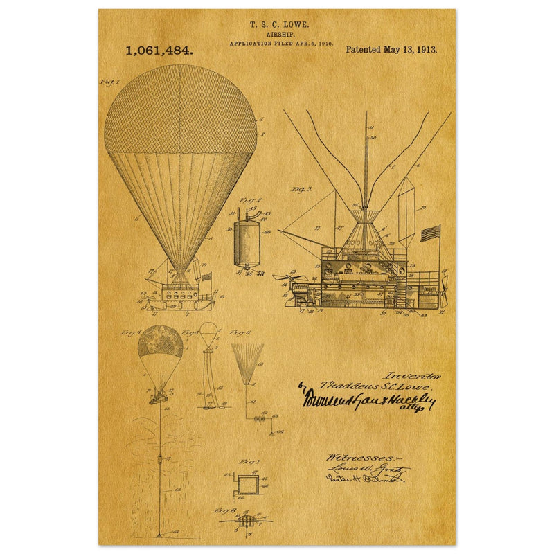 Airship patent illustration by T S C Lowe. Air Balloon