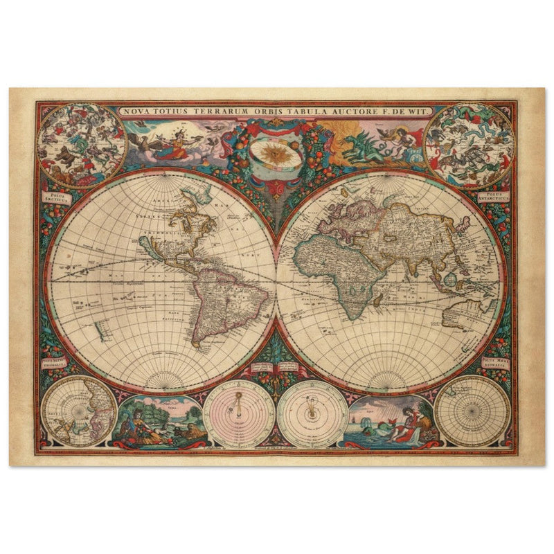 1660 Ancient old world map. Double hemisphere antique map reproduction.