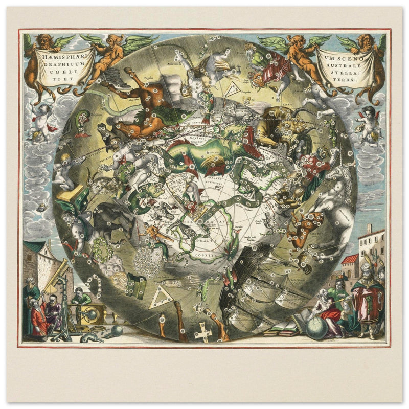 Southern celestial hemisphere with star constellations by Andreas Cellarius.
