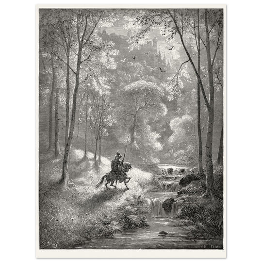 Gustave Dore depiction of knight Don Quixote riding in the countryside in one of his adventures.