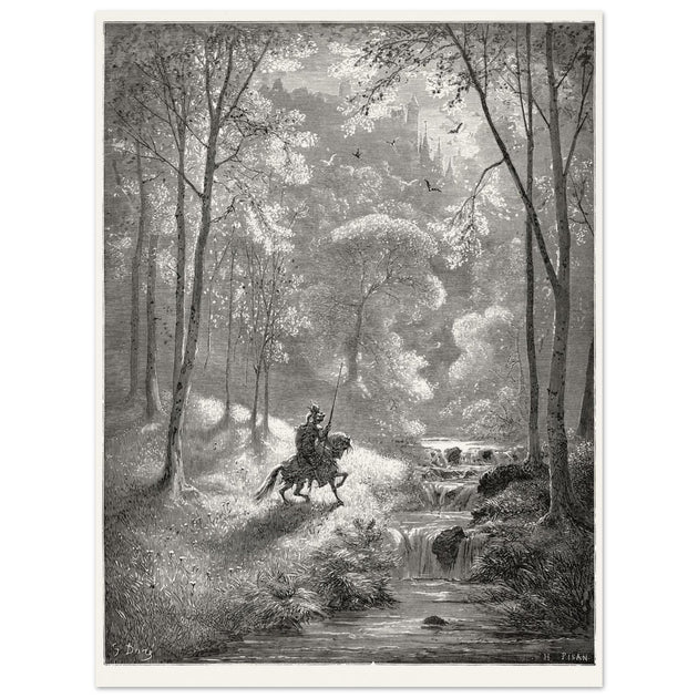 Gustave Dore depiction of knight Don Quixote riding in the countryside in one of his adventures.