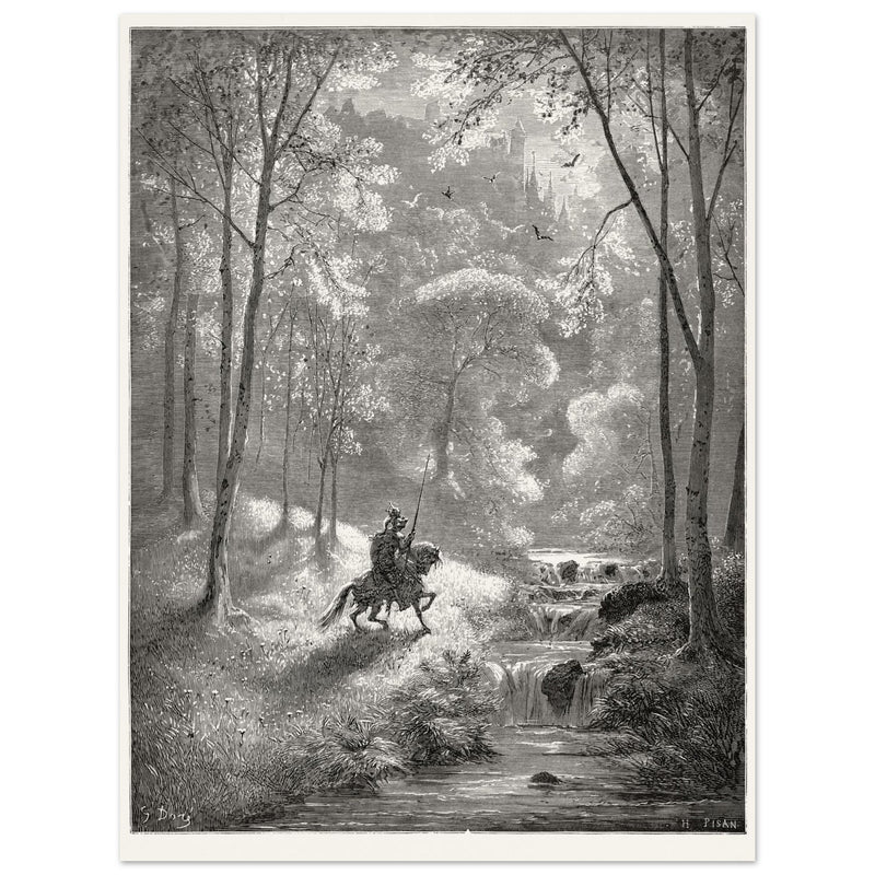 Gustave Dore depiction of knight Don Quixote riding in the countryside in one of his adventures.