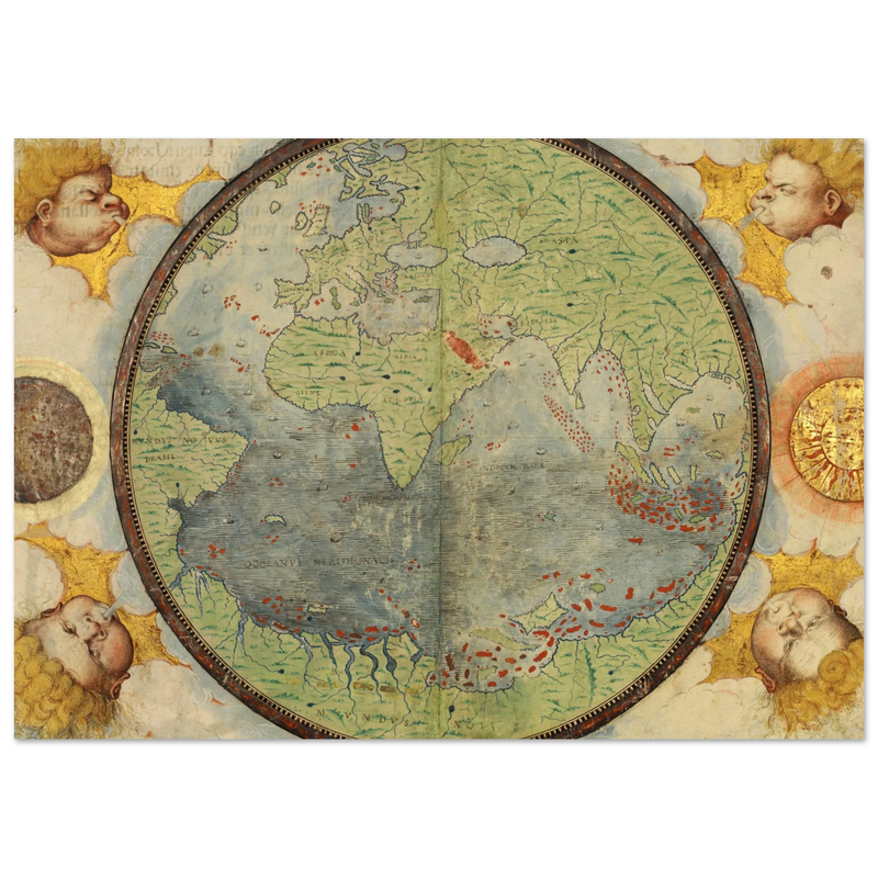 Vintage nautical world map poster reproduction by Lopo Homem 1519