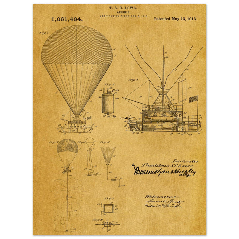 Airship patent illustration by T S C Lowe. Air Balloon