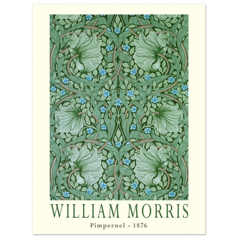 William Morris Pimpernel 1876. Green leaves and flowers wintage wallpaper art print.