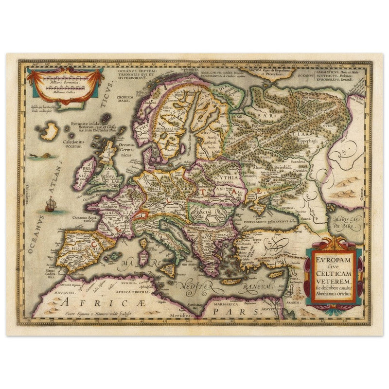 Ancient map of Europe and the Celts. Europam sive Celticam veterem by Abraham Ortelius.