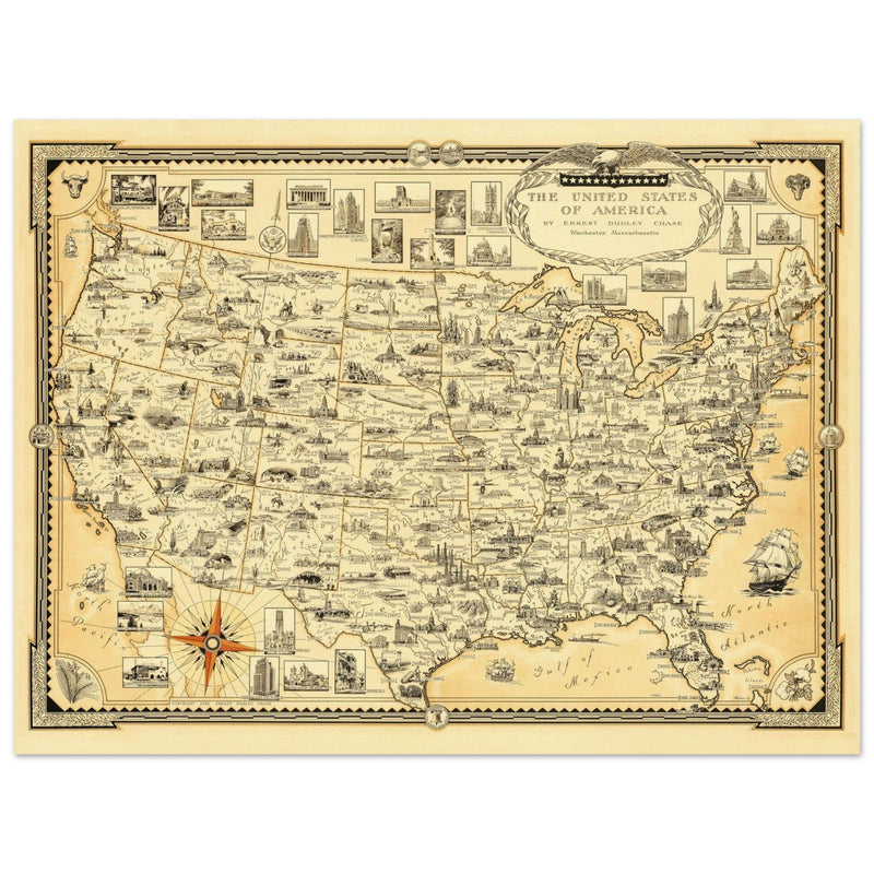 United States of America vintage map by Ernest Dudley Chase celebrating landmarks and national symbols of identity.