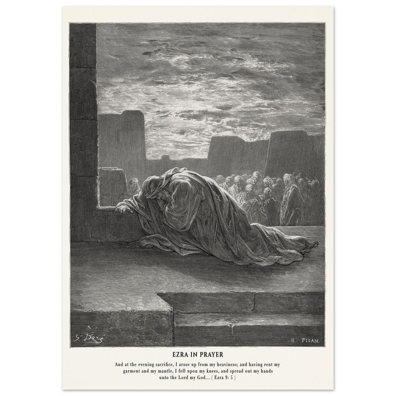 Gustave Dore The Bible engraving print . Ezra in prayer illustration .