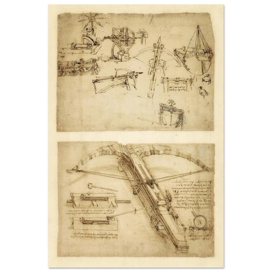 Leonardo da Vinci Atlantic Codex (Codex Atlanticus) Giant crossbow drawing reproduction.