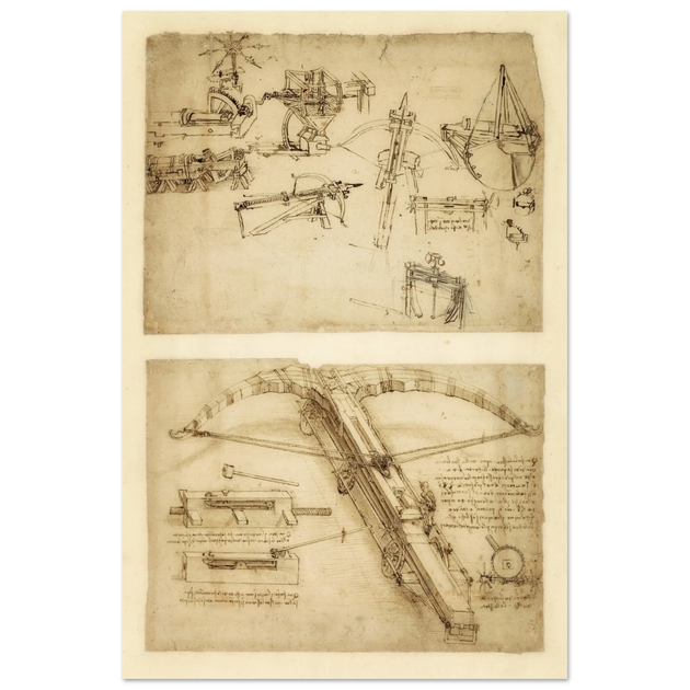 Leonardo da Vinci Atlantic Codex (Codex Atlanticus) Giant crossbow drawing reproduction.