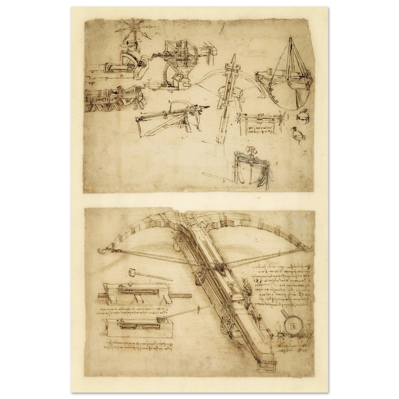 Leonardo da Vinci Atlantic Codex (Codex Atlanticus) Giant crossbow drawing reproduction.