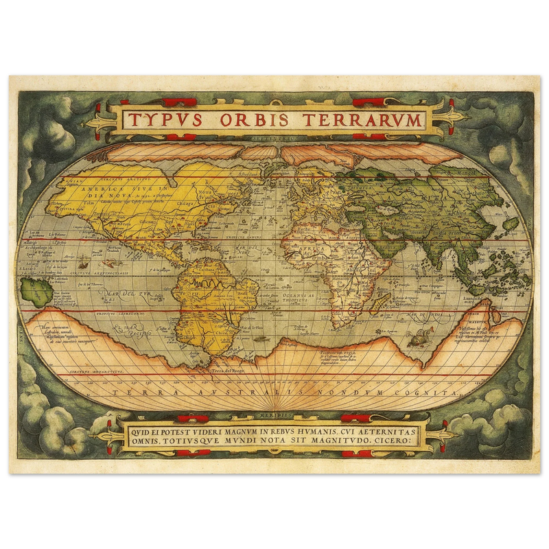 Ancient map reproduction print of a world map of 1579 Typus Orbis Terrarum by Abraham Ortelius.