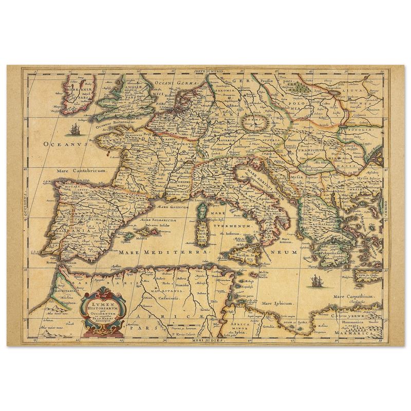 Ancient Europe map print from 1650. Lumen Historiarum per Occidentem by Petrus Kaerius