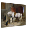 White horse in stable with dogs antique painting by Edwin Landseer.