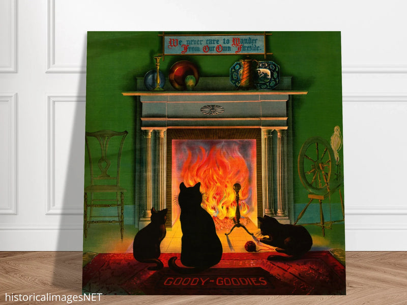 Cats in front of fireplace  vintage print 1906
