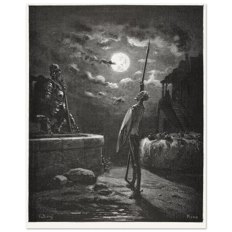 Don Quixote by Gustave Dore. The knight raising his sword against the moon at night.