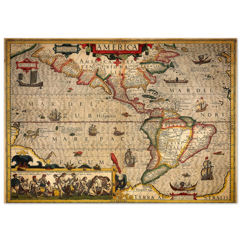 America old map print. Poster reproduction of the american continent year 1630 by Hendrik Hondius