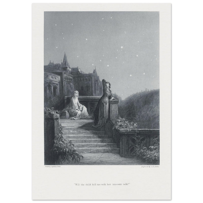 Gustave Dore illustration of King Arthur legend . Terrace scene with Guinevere. From the book Idylls of the King by Alfred Tennyson.