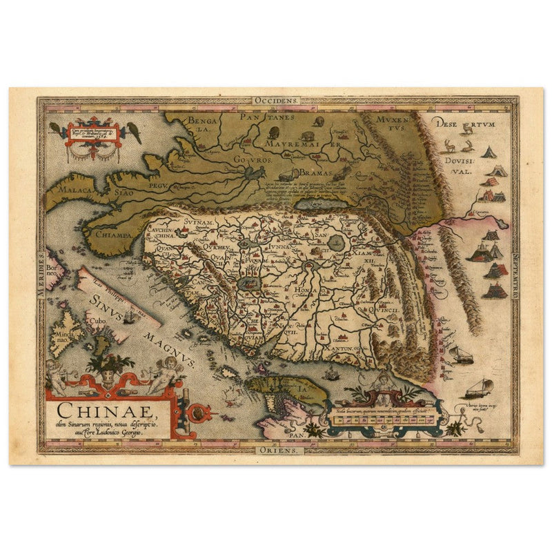 Ancient map of China by cartographer Abraham Ortelius 1584. Vintage historic map.