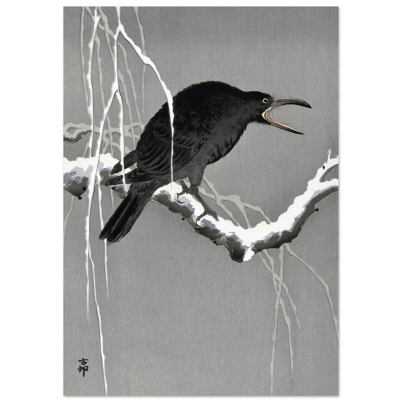 Crow on snowy tree branch by Ohara Koson, ,