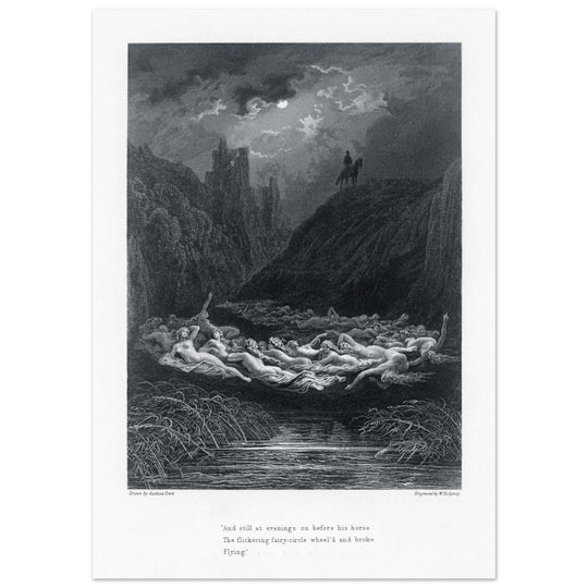 Gustave Dore illustration of King Arthur legend . The Fairy Circle. From the book Idylls of the King by Alfred Tennyson.