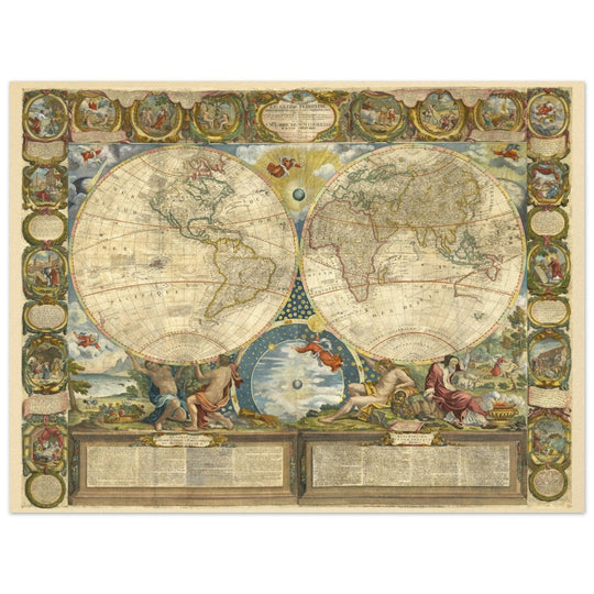 Beautiful illustrated world map of the XVIII Century. Vintage historic double hemisphere map.