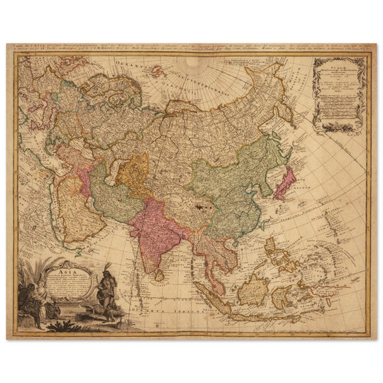 Ancient vintage map of Asia. Beautiful  from an antique asian map of the XVIII century. Art print.
