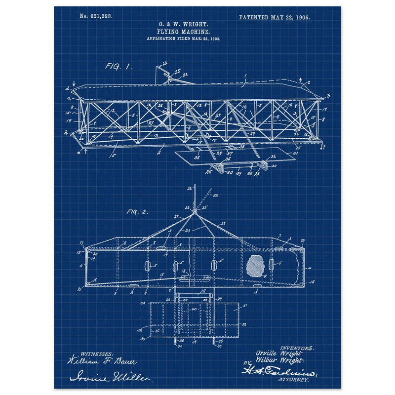 Flying machine patent 1906 by the Wright brothers. Vintage airplane.
