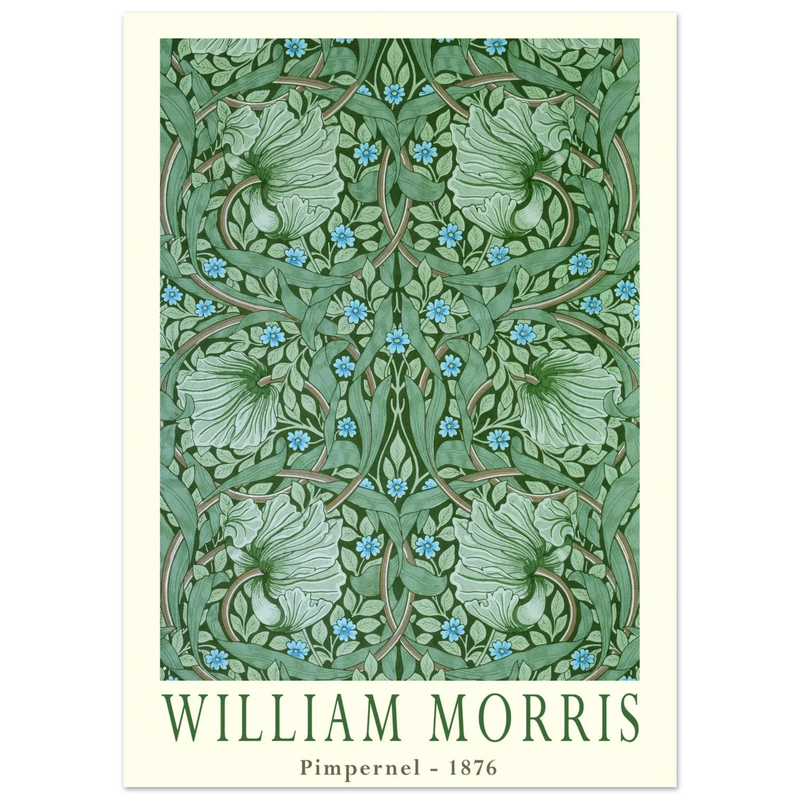 William Morris Pimpernel 1876. Green leaves and flowers wintage wallpaper art print.